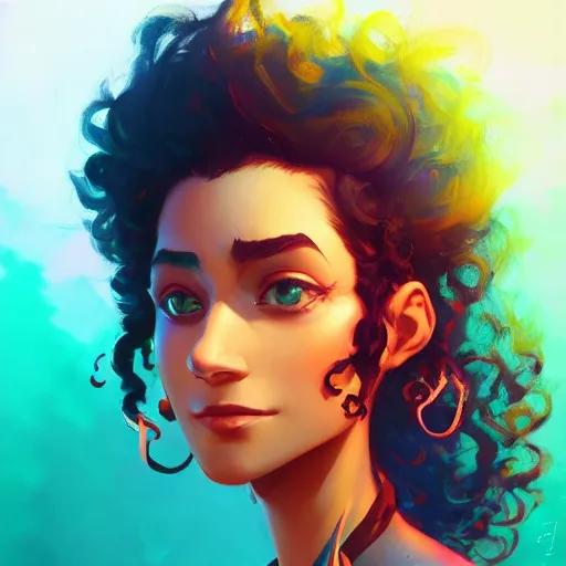Prompt: portrait of a beautiful woman with black curly hair, maya ali mage, gloomhaven, dynamic lighting, gaudy colors, octane render aesthetic, matte painting concept art, official fanart behance hd artstation by jesper ejsing, by rhads and makoto shinkai and lois van baarle and ilya kuvshinov and rossdraws