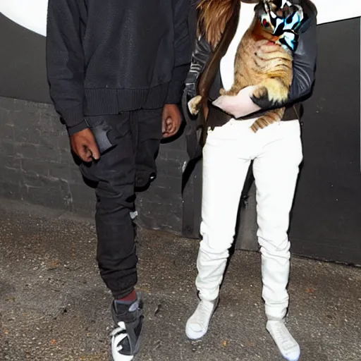 Image similar to Emma Watson and Kanye west holding cats