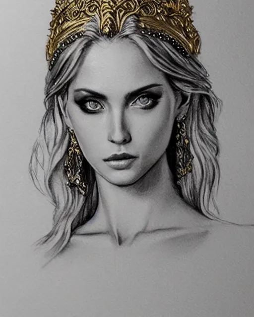 Image similar to tattoo design sketch of cute beautiful blonde super model as aphrodite greek goddess wearing a gold laurel wreath and triangle earrings, beautiful piercing gaze with sharp pupils, in the style of greg rutkowski, fantasy, amazing detail, epic, elegant, smooth, sharp focus, front view