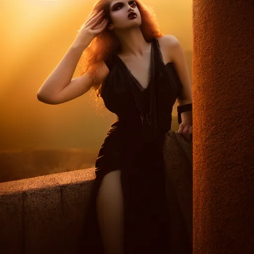 Image similar to photographic portrait of a stunningly beautiful gothic art deco female in soft dreamy light at sunset, god rays, contemporary fashion shoot, by edward robert hughes, annie leibovitz and steve mccurry, david lazar, jimmy nelsson, breathtaking, 8 k resolution, extremely detailed, beautiful, establishing shot, artistic, hyperrealistic, beautiful face, octane render