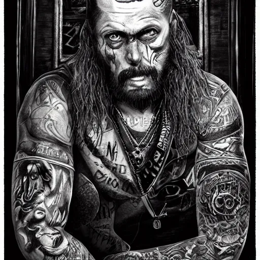 Image similar to portrait painting of an older tattooed biker with shaggy hair in a bar, sharp focus, ultra realistic, concept art, intricate details, eerie, highly detailed, photorealistic, dark, black and white, rpg art vampire the masquerade. art by josh timbrook