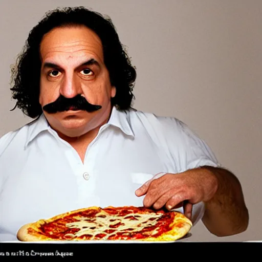 Image similar to ron jeremy in the logo of a pizza parlour