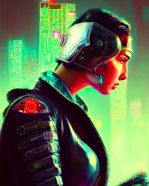 Image similar to detailed side profile portrait Gal Gadot, cyberpunk futuristic neon, reflective puffy coat, decorated with traditional Japanese ornaments by Ismail inceoglu dragan bibin hans thoma greg rutkowski Alexandros Pyromallis Nekro Rene Maritte Illustrated, Perfect face, fine details, realistic shaded, fine-face, pretty face