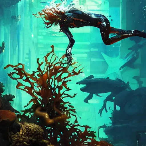 Image similar to woman diving in an alien aquarium, kelp, coral, solar rays, cyberpunk, realistic, detailed, Industrial Scifi, paint, watercolor, in the style of Ashley Wood and Wadim Kashin