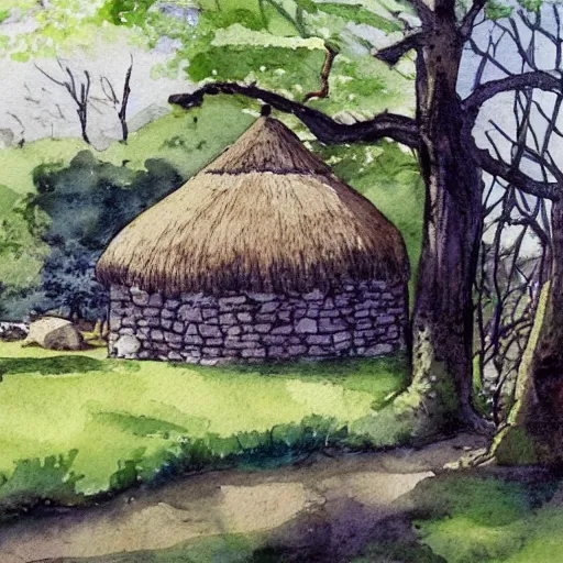 Prompt: a peaceful scene with old thatched cottage nestling amongst the trees, watercolor, wide angle