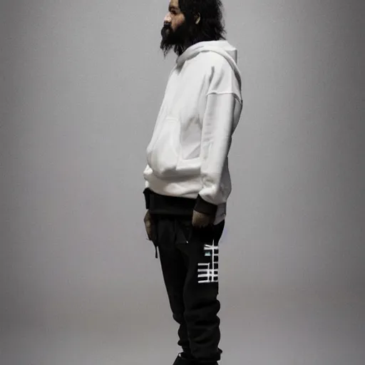 Prompt: a full body lookbook portrait of modern - day jesus wearing virgil abloh off - white menswear and sneaker collection by nicola samori, hat and hoodie, detailed, oil painting, hyper - realistic, 8 k, off - white collection