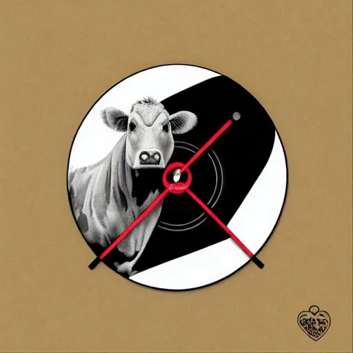 Prompt: a cow, styled as a vinyl record album art