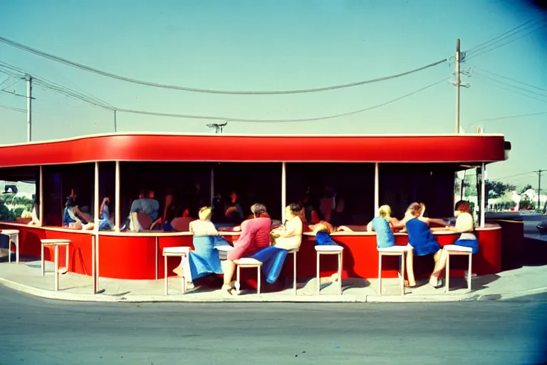 Prompt: 1 9 7 5 googie popsicle people sitting at tables, googie architecture, two point perspective, americana, restaurant exterior photography, hd 4 k, taken by alex webb