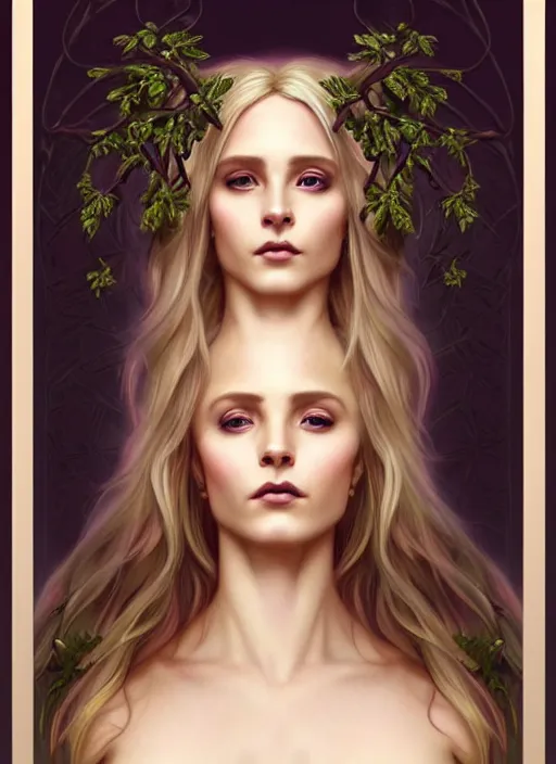 Prompt: perfectly feminine face!! full body portrait of a gothic esoteric dryad blessed by nature with ever - increasing physical mental perfection, blonde, symmetrical! intricate, sensual features, highly detailed, biblical divine holy perfection!! digital painting, artstation, concept art, smooth, sharp focus, illustration, art by artgerm and greg rutkowski and alphonse mucha