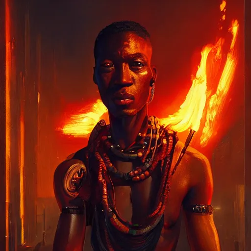 Image similar to shaka zulu as a cybperpunk gangster, eating fire in the neon ghetto, by greg rutkowski and android jones in a surreal portrait style, cyberpunk, oil on canvas, 8k