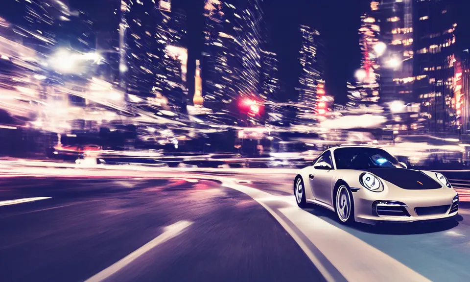 Prompt: photo of a porsche 911 at night driving fast through a city, cinematic, 4k, long exposure photography, tokyo drift, fast and furious, film still, night photography, motion blur, lens flare, movie shot, analog camera