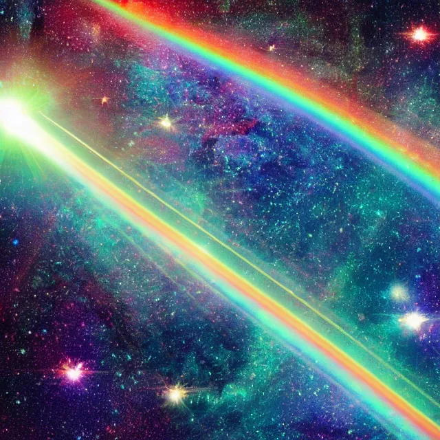 Prompt: glowing rainbow beam of light in space, vintage