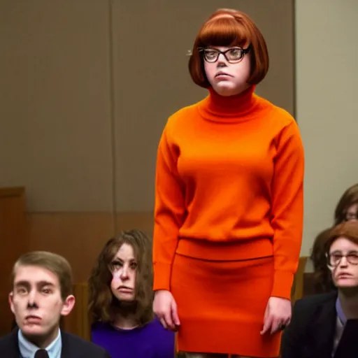 Image similar to Beautiful stunning Portrait scene of Real Life Velma Dinkley wearing her iconic orange sweater from Scooby Doo in court for falsely accusing someone of being a criminal by Greg Rutkowski. Velma is a teenage female, with chin-length auburn hair and freckles. She is wearing a baggy, thick turtlenecked orange sweater, with a red skirt, knee length orange socks and black Mary Jane shoes. by Mark Arian, soft render, octane, highly detailed painting, artstation