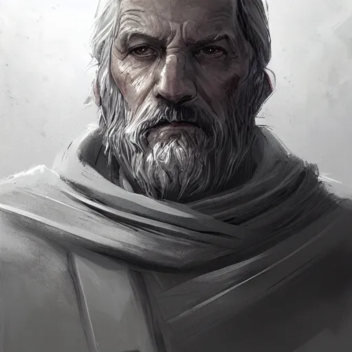 Prompt: portrait of a man by Greg Rutkowski, an old Jedi, short hair in military style, beard, wise and cool appearance, gray and black robes, Star Wars Expanded Universe, he is about 60 years old, highly detailed portrait, digital painting, artstation, concept art, smooth, sharp foccus ilustration, Artstation HQ