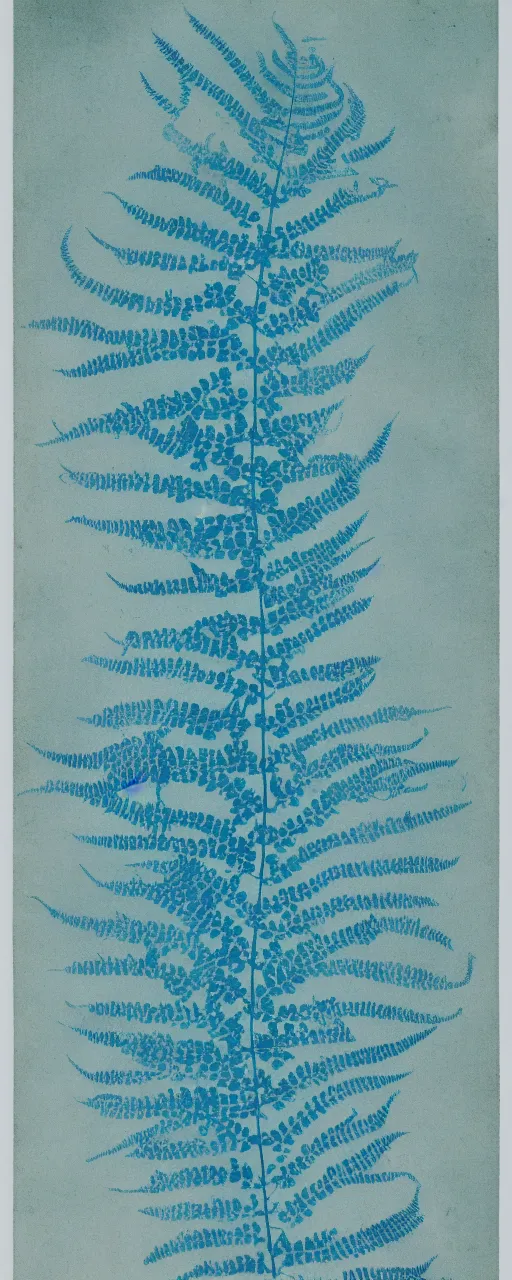 Prompt: a beautiful fern Cyanotype by Anna Atkins, seaweed, Algae, white on a blue background, Photography, botanical