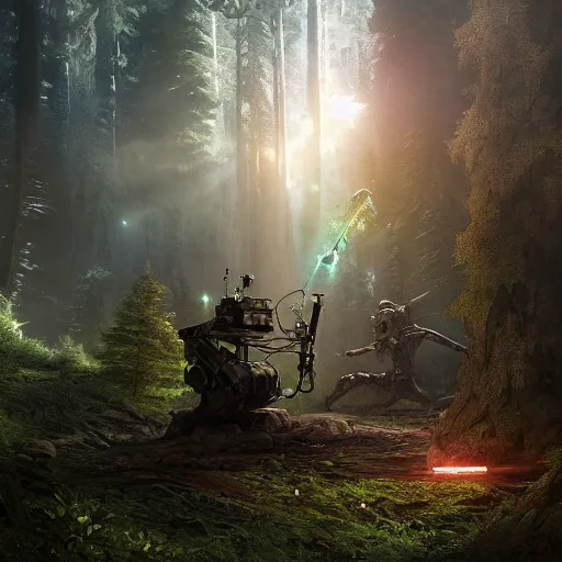 Image similar to aliens discovering technological artifact in a forest., technological landscape, dramatic lighting, cinematic, establishing shot, extremly high detail, photorealistic, cinematic lighting, post processed, concept art, artstation, matte painting, style by greg rutkowsky