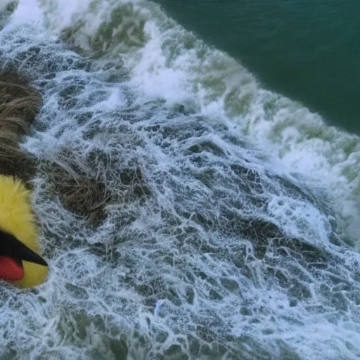 Image similar to cnn news footage of big bird being washed up on shore, view from above, tv