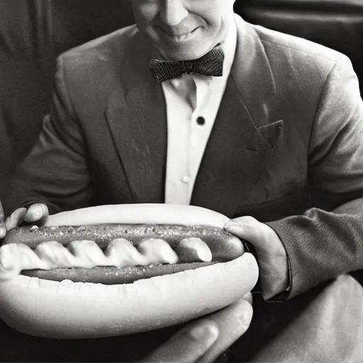 Image similar to a ceo eating a very large hot dog, photograph, sepia