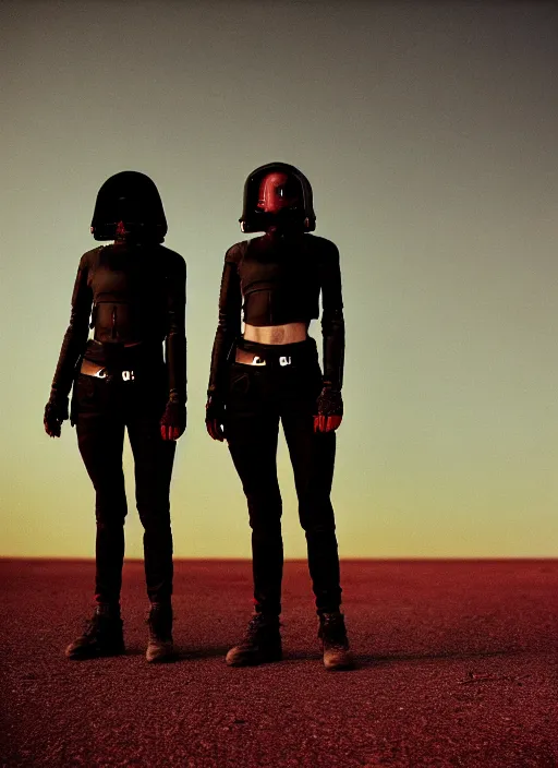 Image similar to cinestill 5 0 d photographic portrait of two loving female androids wearing rugged black techwear on a desolate plain with a red sky, extreme closeup, lizard on ground, cyberpunk style, in front of a brutalist dark metal facility, dust storm, 8 k, hd, high resolution, 3 5 mm, f / 3 2