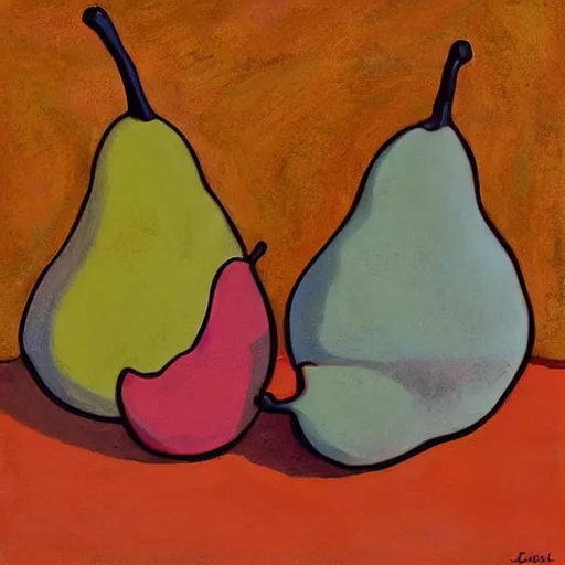 Prompt: abstract figurative art, style, lovers eat, julia pott style, pears, dreamy, muted, pastel colors