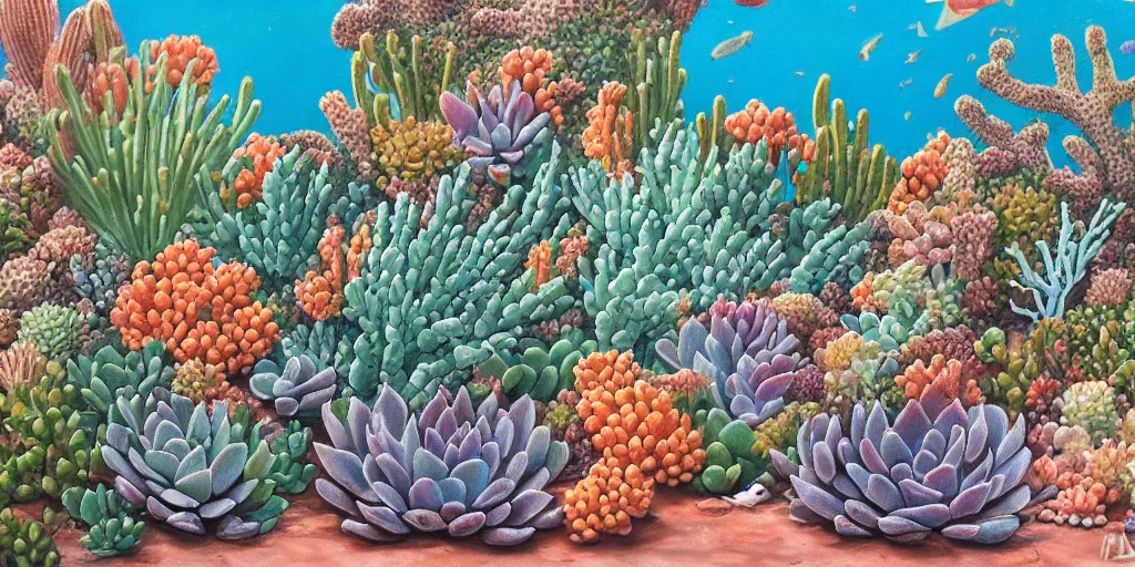 Prompt: a desert with a lot of succulents and exotic flowers, corals, underwater, super detailed acrylic painting, movie poster 7 0's