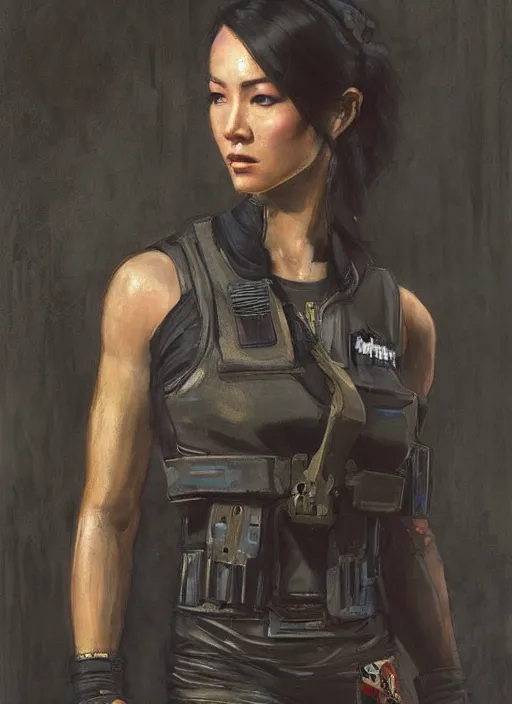 Prompt: Nikki tanaka. beautiful cyberpunk female USN marine wearing a military vest and activewear. (Cyberpunk 2077, bladerunner 2049). gorgeous face. Iranian orientalist portrait by john william waterhouse and Edwin Longsden Long and Theodore Ralli and Nasreddine Dinet, oil on canvas. Cinematic, hyper realism, realistic proportions, dramatic lighting, high detail 4k