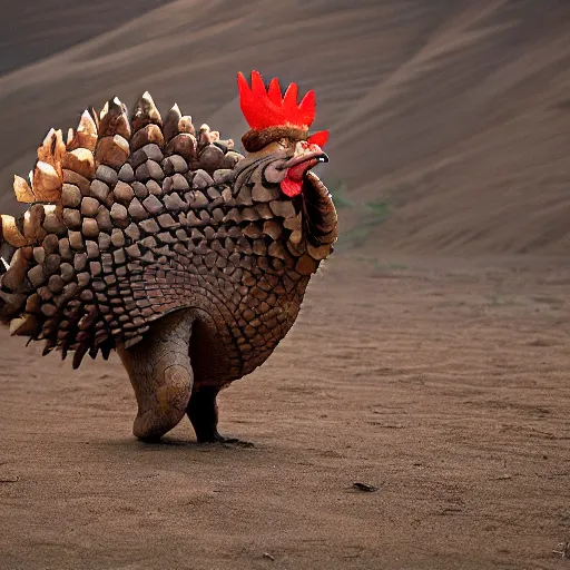 Prompt: a Rooster with the armor of a pangolin, national geographic photograph