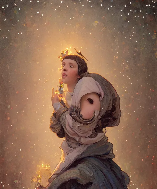 Image similar to a beautiful painting of a minion resembling millie bobby brown at the lantern festival in a an ancient italian town, at night with a sky full of stars, intricate, elegant, highly detailed, digital painting, artstation, concept art, by krenz cushart and artem demura and alphonse mucha