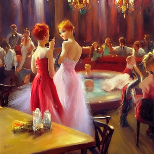 Image similar to young red heads at the night club, painting by Vladimir Volegov,