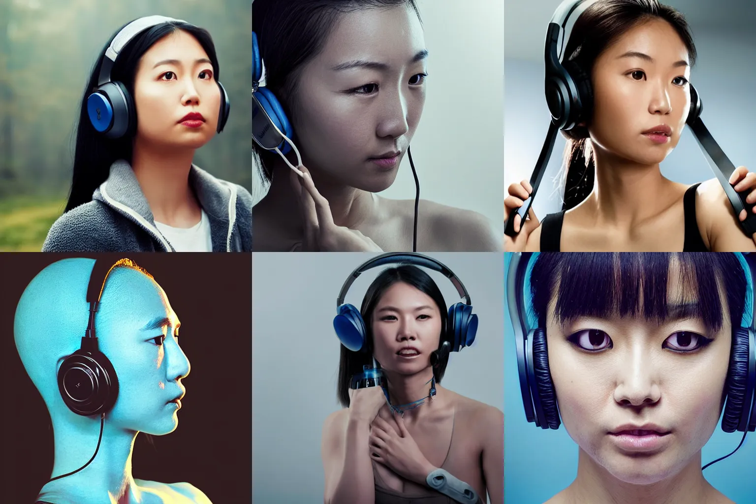 Prompt: cropped upper body portrait photo : ( subject = attractive asian woman wearing headphones + subject detail = athletic anatomy, wearing jewellery, blue eyes, black hair ), ( subject = headphones + subject detail = futuristic, monster anatomy, dom qwek, john howe, anatomical, highly detailed sculpture ) light fog, cinematic grading, telephoto, ektachrome film
