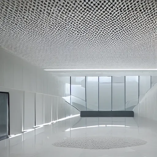 Image similar to a large room with surreal minimalist architecture partially flooded by slightly green water, liminal space, made of all white ceramic tiles, surreal, hallways, rounded ceiling, stairs,