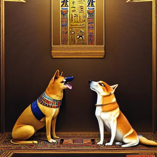 Image similar to portrait painting of egyptian pharaoh petting a shiba inu, ultra realistic, concept art, intricate details, eerie, highly detailed, photorealistic, octane render, 8 k, unreal engine. art by artgerm and greg rutkowski and charlie bowater and magali villeneuve and alphonse mucha