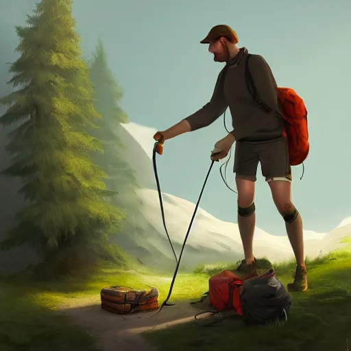 Image similar to etienne hebinger ilustration hiker unloading the car before camping, characterized by roman shipunov, cgsociety, cynical realism, fantasy art, 2 d game art