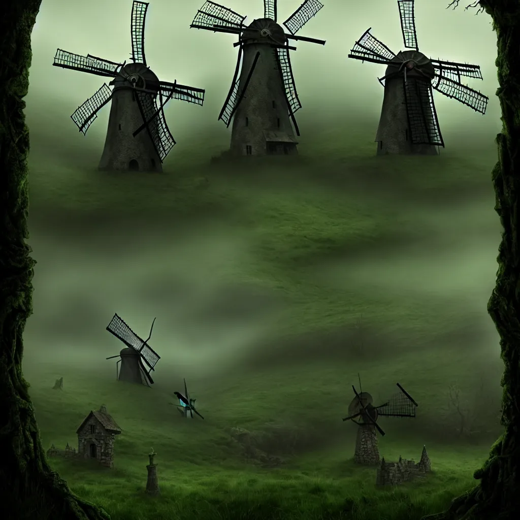 Image similar to evil hags with green skin, bones, old stone windmill, forest background, a detailed matte painting, fantasy, foggy, dark, 8 k