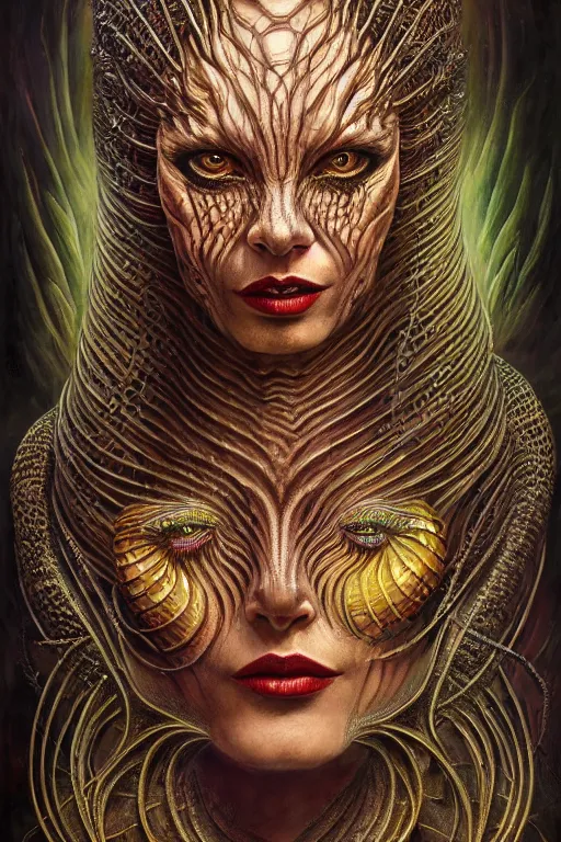 Image similar to single face portrait. complex hyper-maximalist overdetailed cinematic cosmic scifi portrait of an elegant very attractive but wild and dangerous humanoid reptilian goddess by andrei riabovitchev, tomasz alen kopera, oleksandra shchaslyva. Omnious intricate. Secessionist portrait illustration. Poison goddes. Slightly influenced by giger. Zerg human hybrid goddes. Unreal engine 5. Focus on face. Artstation. Deviantart. 8k 4k 64megapixel. Cosmic horror style. Rendered by binx.ly.