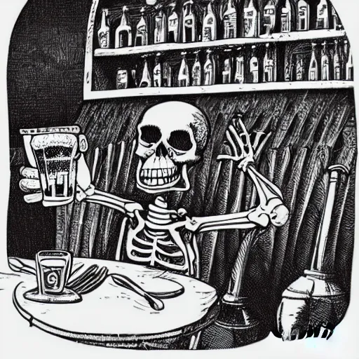 Image similar to a skeleton drinking beer in a medieval tavern, black and white vector art