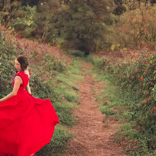 Prompt: young woman in red dress picks berries