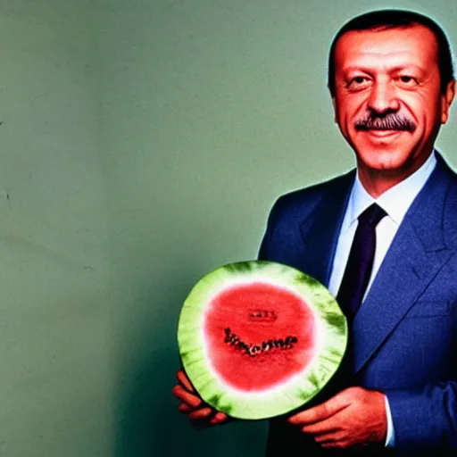 Image similar to recep tayyip erdogan smiling holding watermelon for a 1 9 9 0 s sitcom tv show, studio photograph, portrait c 1 2. 0