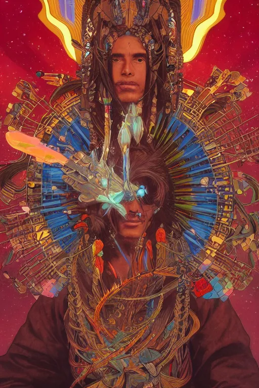 Image similar to serene scene of a futuristic apache medicine man telling stories around an electronic fire, by artgerm and yoshitaka amano and moebius and alphonse mucha, hyperdetailed, dc comics, ornate, nebula, explosions in the sky, trending on artstation