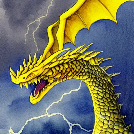 Prompt: A watercolor painting of a huge, ancient yellow dragon with lots of very vibrant, bright yellow scales flying through the clouds during a thunderstorm, lots of lightning, bright yellow, blue, and grey color scheme.