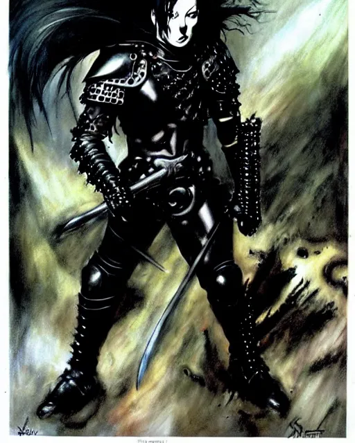 Image similar to portrait of a skinny goth punk keany reeves wearing armor by simon bisley, john blance, frank frazetta