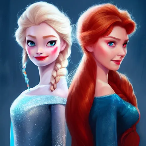 Image similar to elsa & anna, portrait, highly detailed, trending on artstation, d & d, concept art, sharp focus, red hair, illustration, digital painting, art by artgerm and greg rutkowski and magali villeneuve