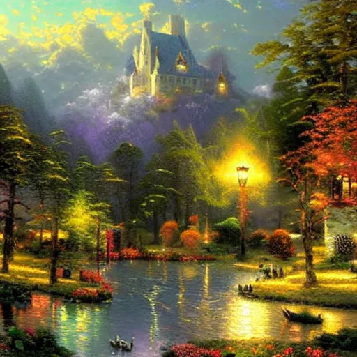 Prompt: an amazing painting by Thomas kinkade, landscape