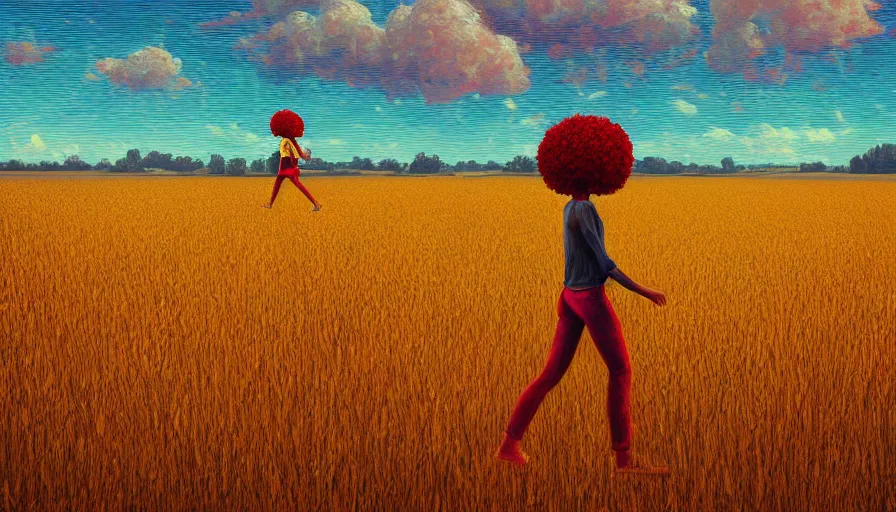 Image similar to giant red carnation afro head, full body, full body, girl walking in a wheat field, surreal photography, hills, sunrise dramatic light, impressionist painting, colorful clouds, digital painting, pointillism, artstation, simon stalenhag