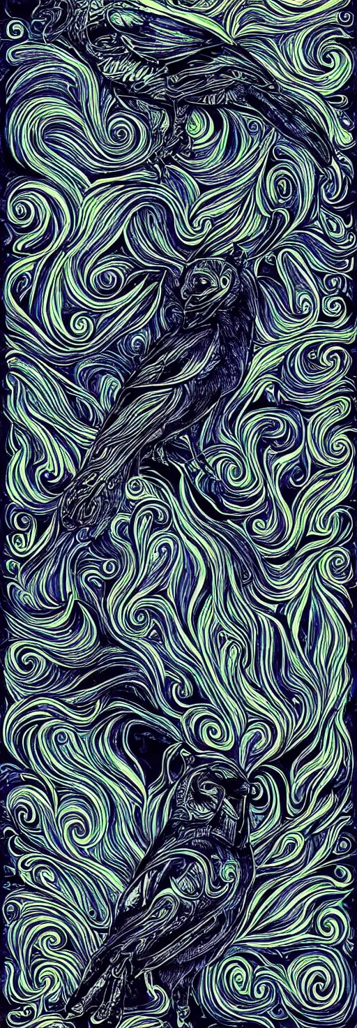 Image similar to psychedelic monochromatic artwork of a raven combined with a deer and an owl that is also a window into the ocean by didier comes