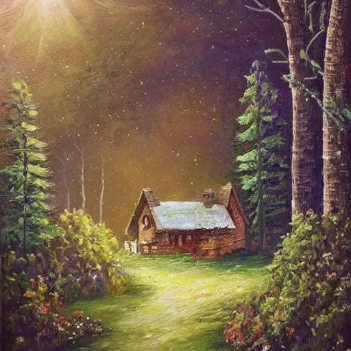 Prompt: oil painting, small house in the forest deep view, with amazing three's and fairytale around, 8 k, amazing illustration trending