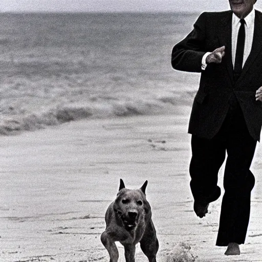 Prompt: Richard Nixon running with his dog on the beach. 1981, AP Photo.