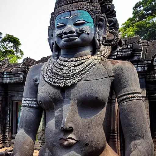 Image similar to angkor tom, asuras giant yaksha statues, epic, full body standing, photography hight quality, sharp, stones, award winning photography, canon, thierry rouzier