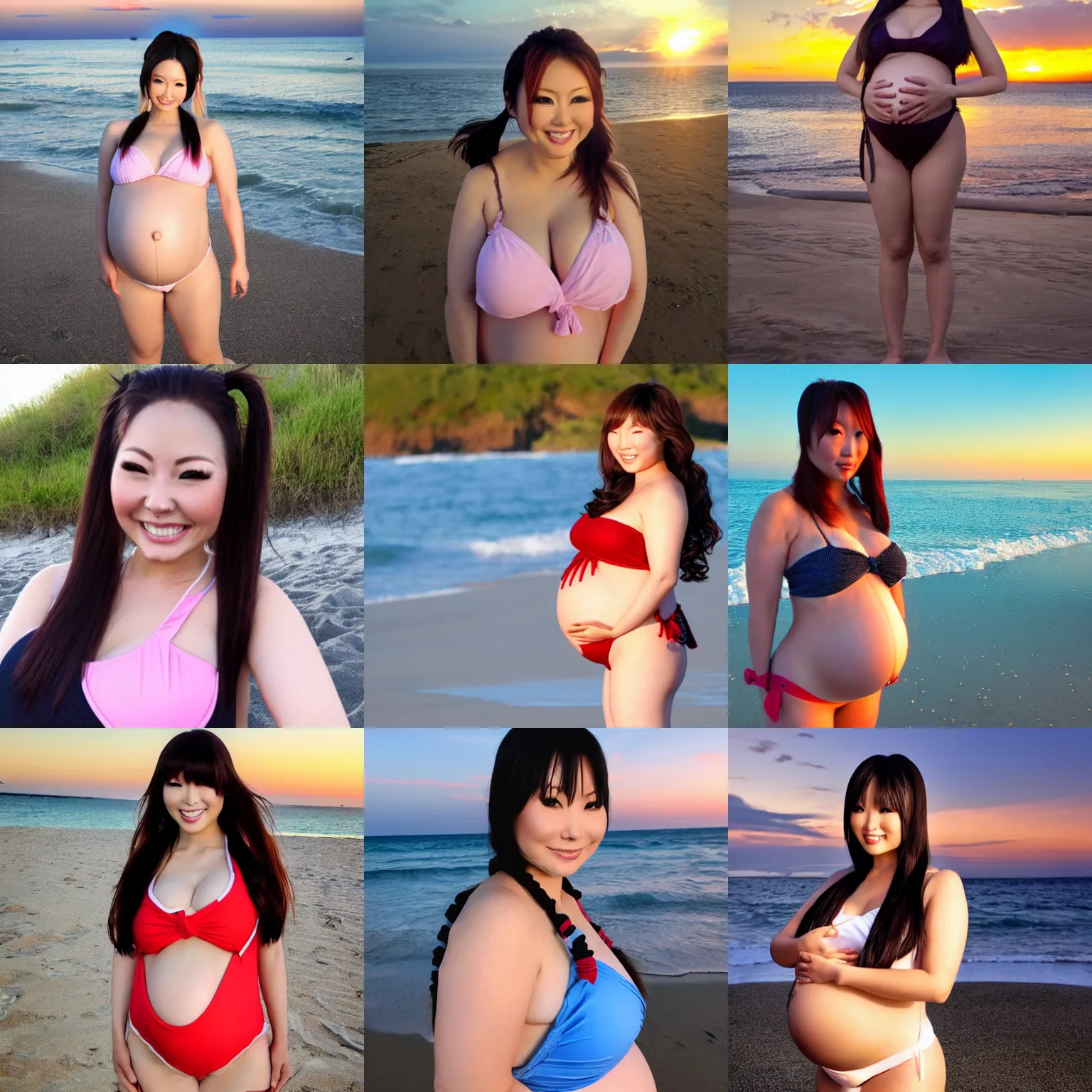 Prompt: hitomi tanaka with biggest pregnancy ever, hair in pigtails, swimsuit at the beach at sunset, standing sideways, full body view, realistic photo, smiling