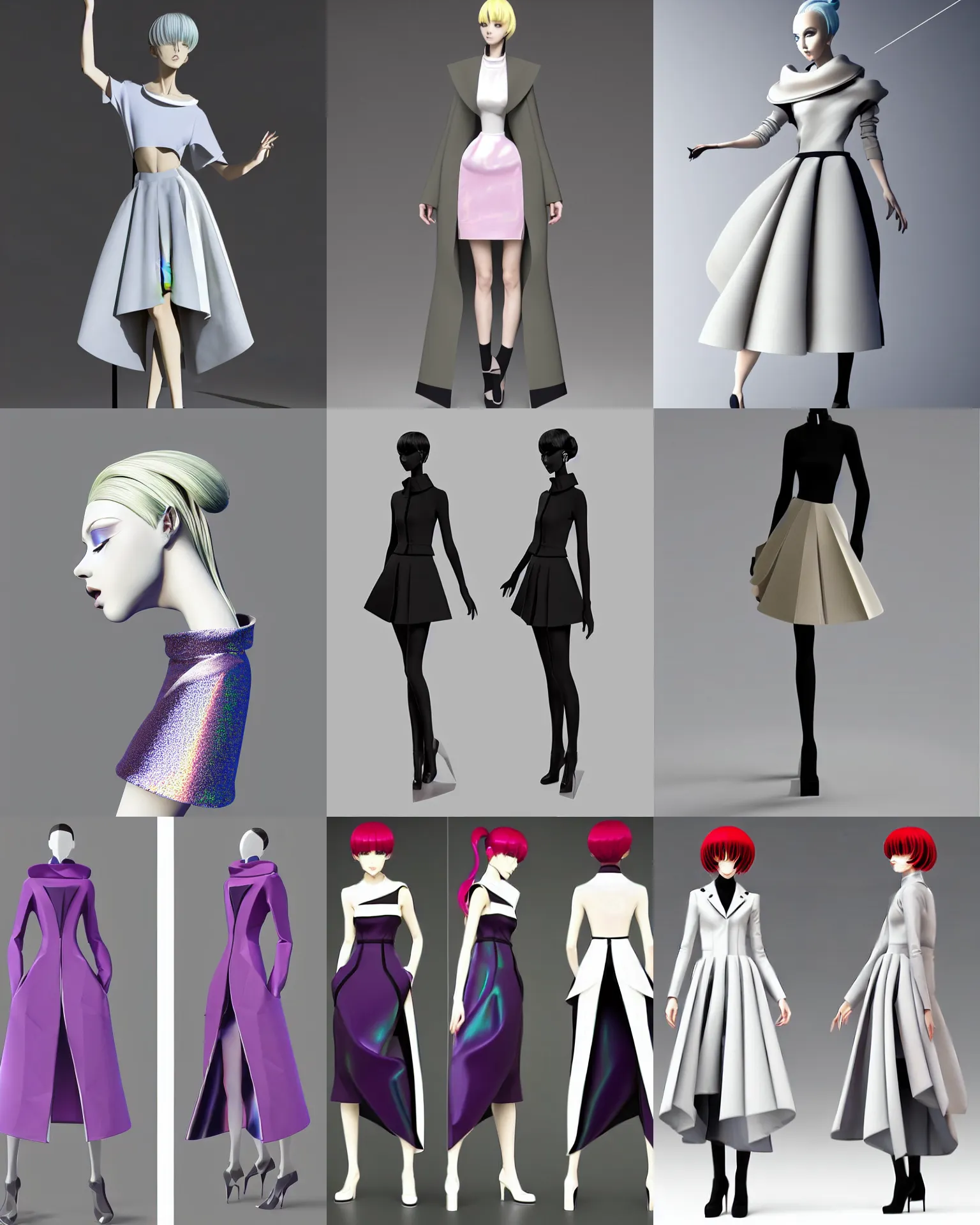 Prompt: designer anime stylized figure haute couture collection light textiles, body fitted dart manipulation, loose coat collar sailor uniform, midi skirt, stylized dynamic fold manipulation pleats shaping synthetic curves, pearl gradient scheme, holographic tones, striking pose, cute huge pockets, intriguing volume flutter, youthful, modeled by modern designer bust, expert composition, professional retouch, editorial photography